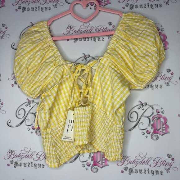 Sim & Sam top milkmaid gingham picnic yellow white tie up corset back stretchy - Picture 2 of 9